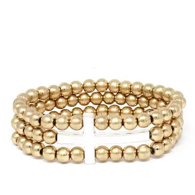 Gold Bead with Silver Cross Stretch Bracelet - Bloom and Petal