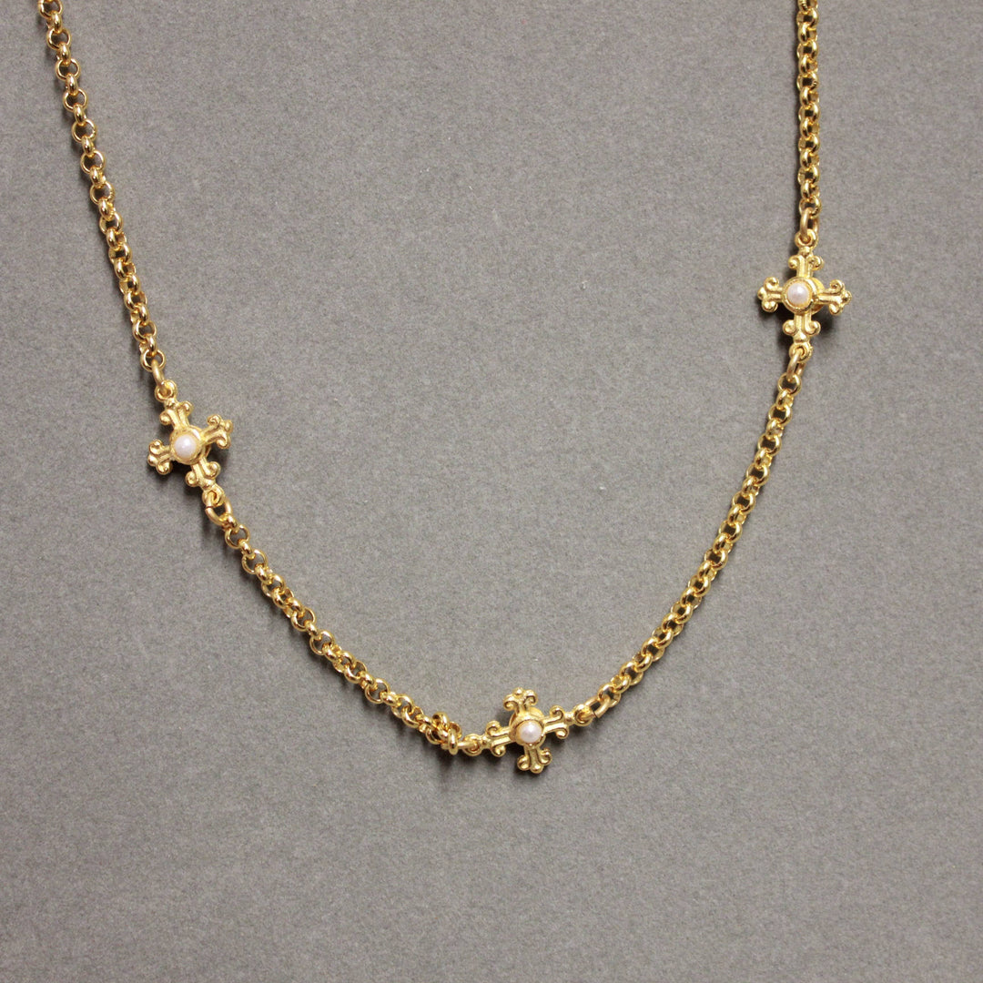 Cross Pearl Link & Chain Necklace with CZ Accents