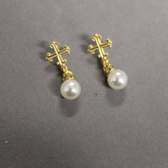 Religious Cross Earring with Pearl Drop