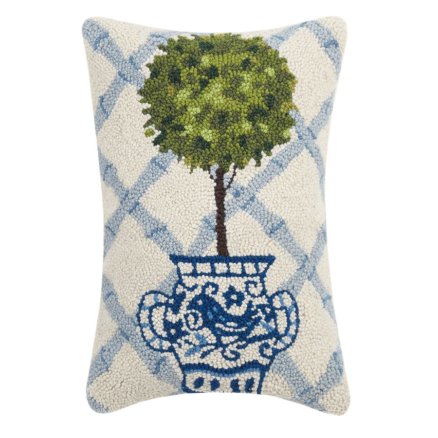 Ball Topiary Hook Pillow, Blue Trellis Pattern