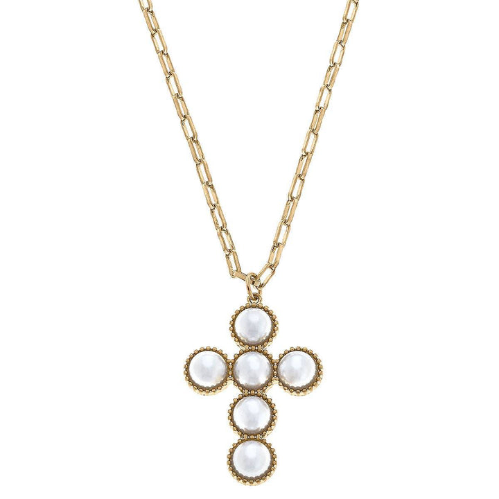 Elisha Pearl Cross Statement Necklace in Worn Gold