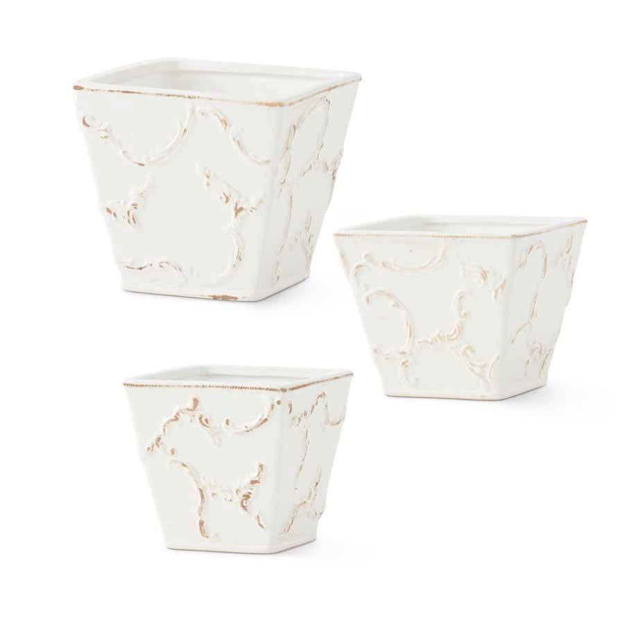 White Ceramic Scroll Embossed Square Pots