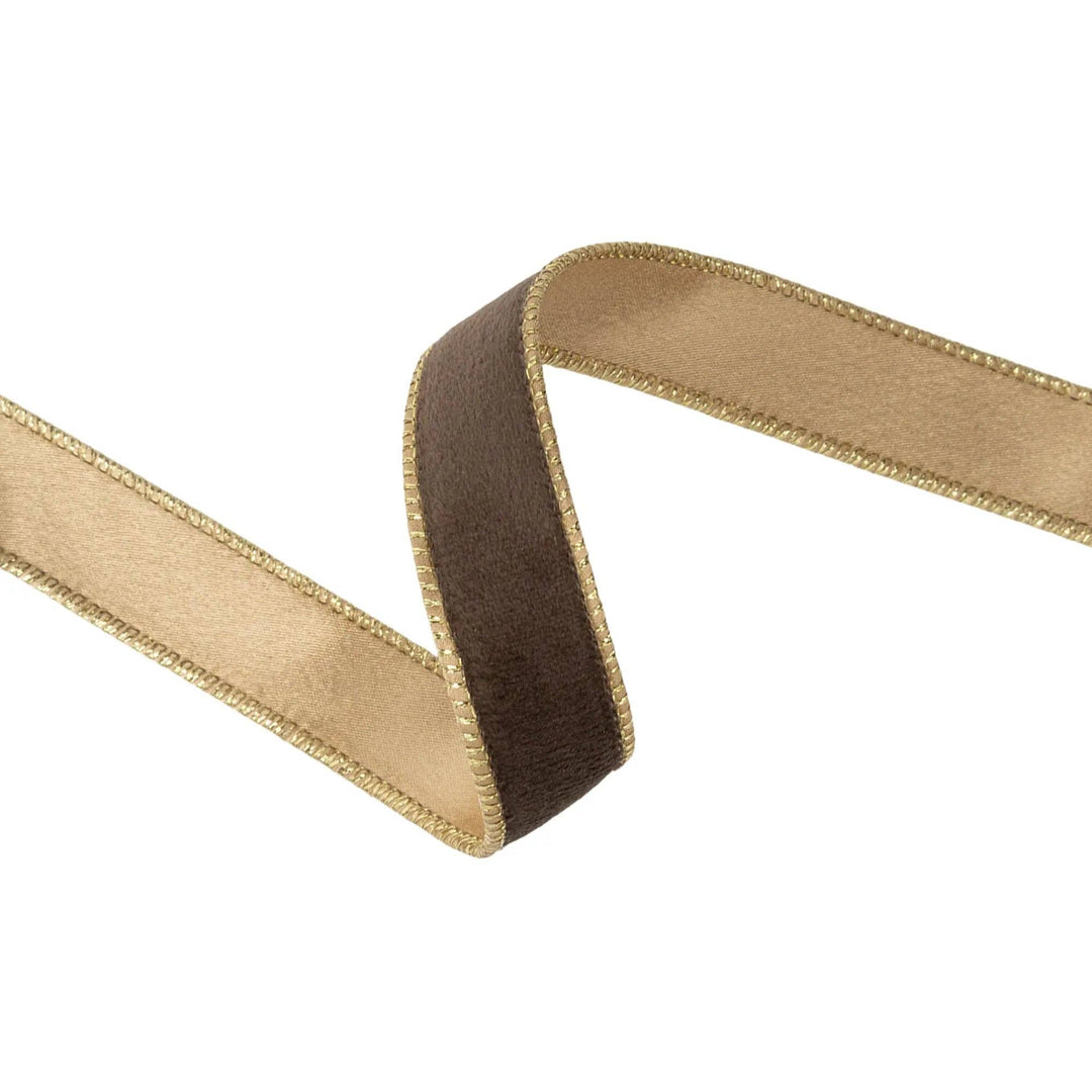 1" Reversible Classic Velvet Wired Ribbon- Brown and Gold
