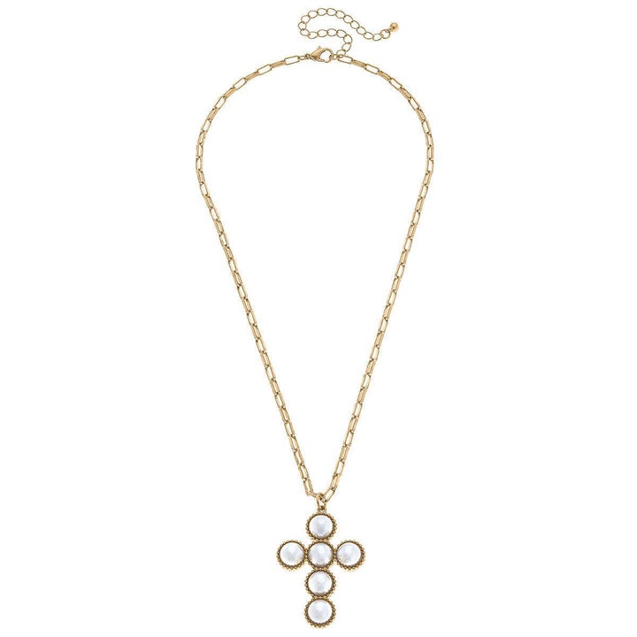 Elisha Pearl Cross Statement Necklace in Worn Gold