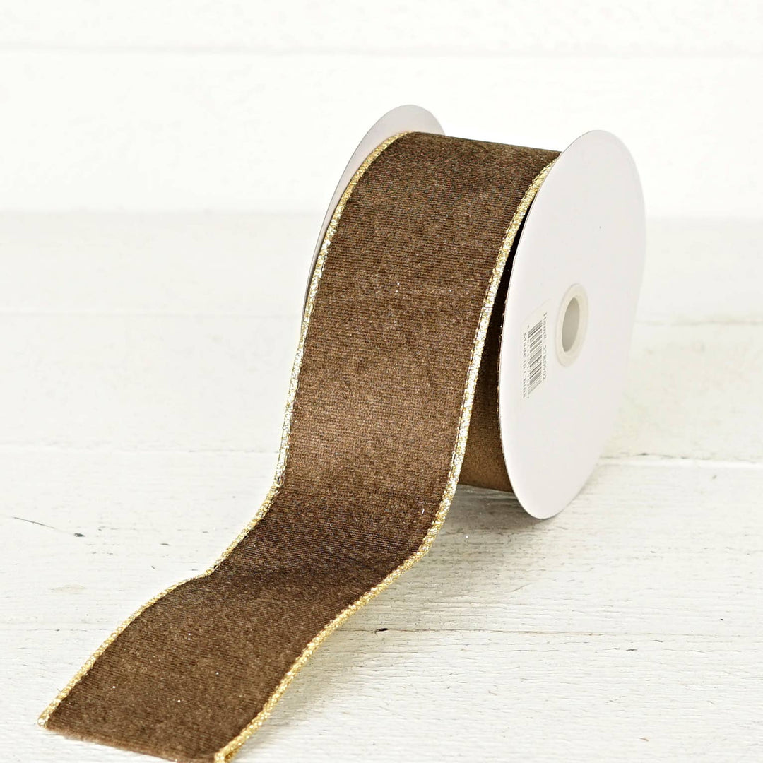 2.5inWx10Yard Wired Ribbon-Cappuccino Velvet/Gold