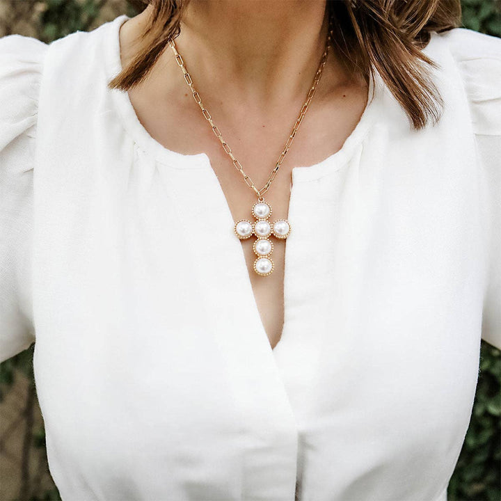 Elisha Pearl Cross Statement Necklace in Worn Gold