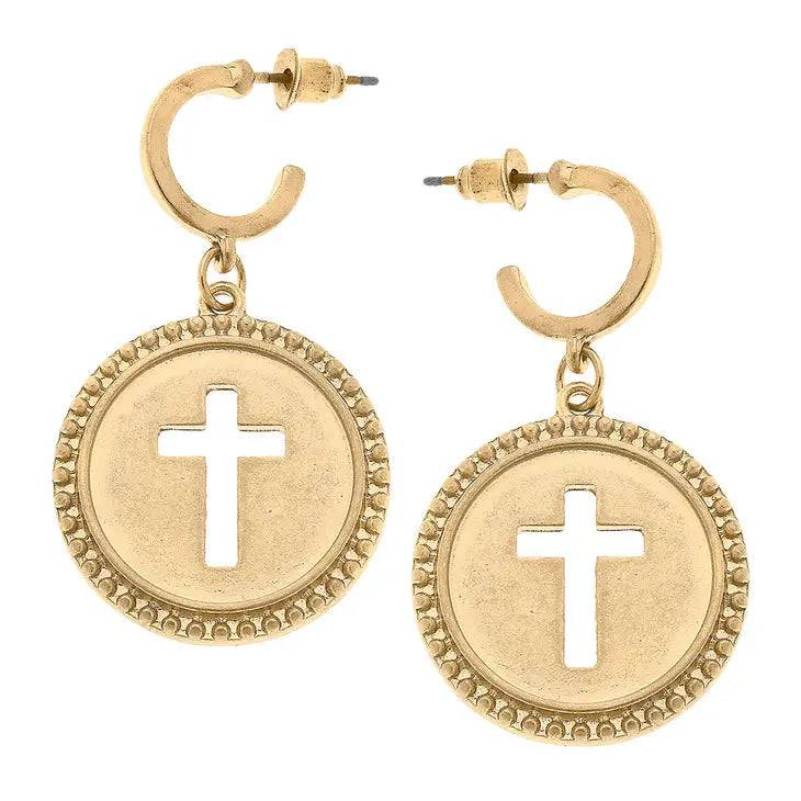 Candace Coin Cross Drop Hoop Earrings in Worn Gold