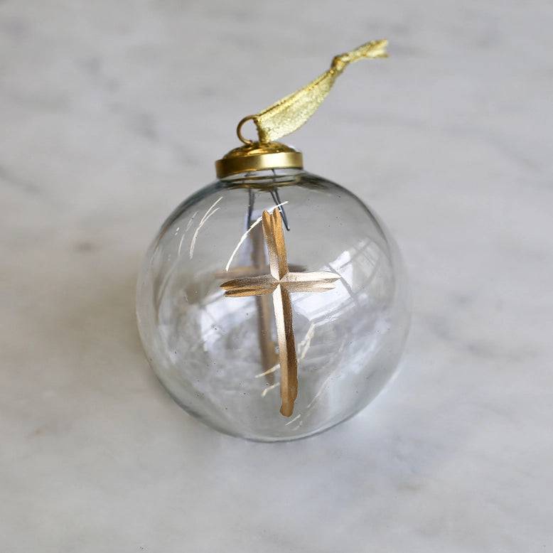 Cruix Glass Ball Ornament Clear/Gold 4"