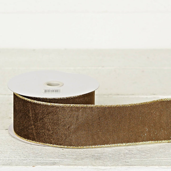 2.5inWx10Yard Wired Ribbon-Cappuccino Velvet/Gold
