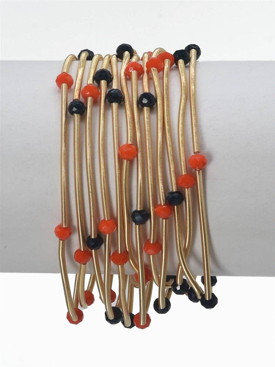 Set of 12 Gold Wired Stretch Bracelets with Navy and Orange Gameday Crystal Accents