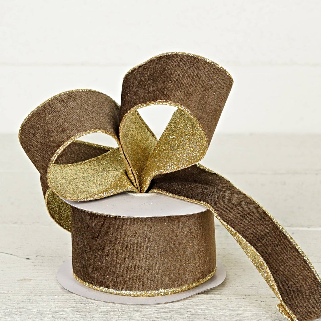 2.5inWx10Yard Wired Ribbon-Cappuccino Velvet/Gold