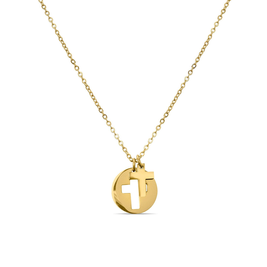 Stainless Steel Cutout 2 Piece Cross Necklace: Gold