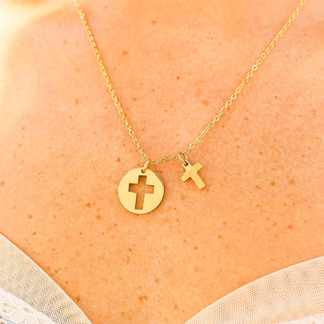 Stainless Steel Cutout 2 Piece Cross Necklace: Gold