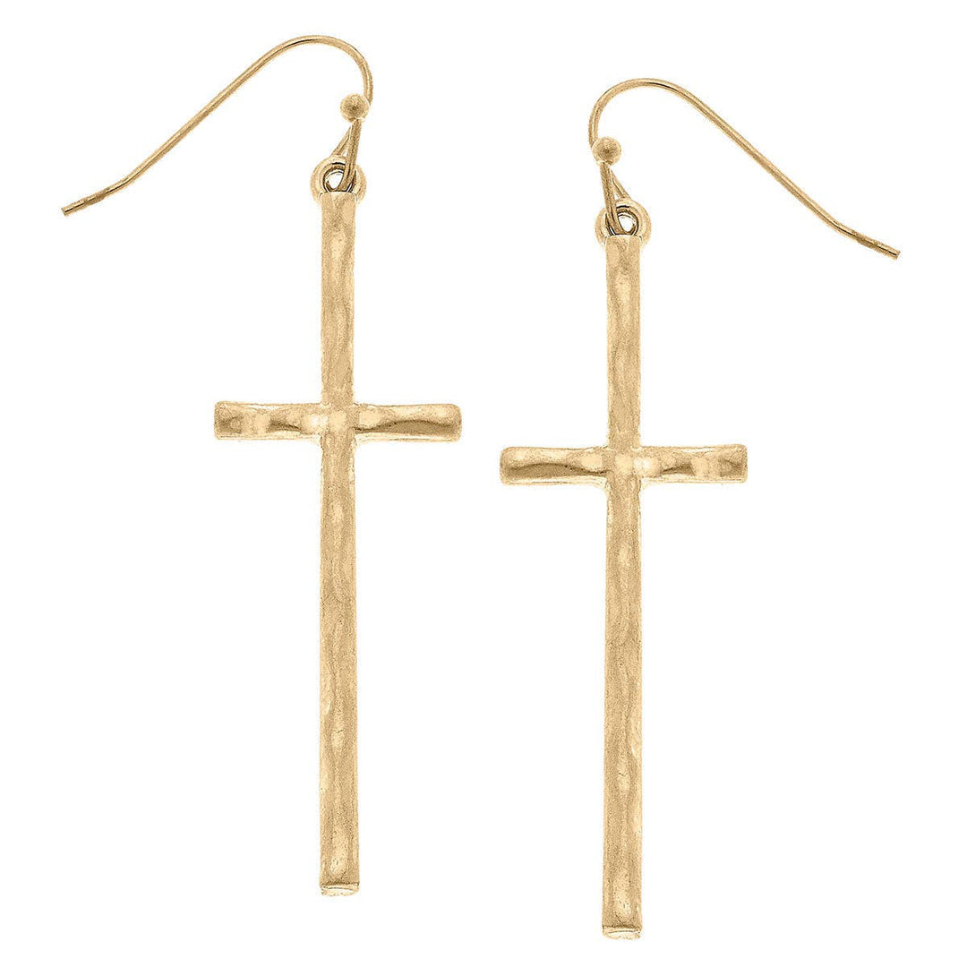 Carmi Delicate Cross Dangle Earrings in Worn Gold