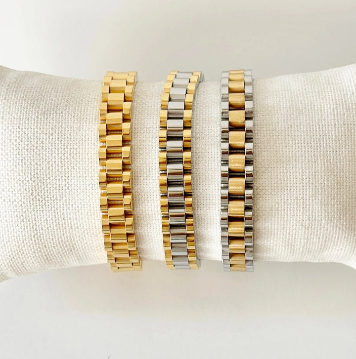 Watchband Bracelet, Wide: Gold-Silver-Gold - Bloom and Petal
