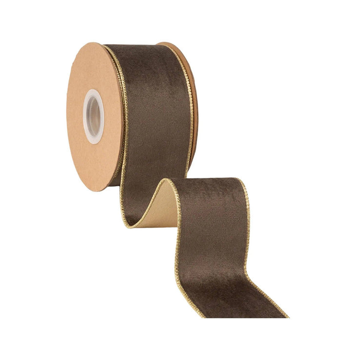 2 1/2" Reversible Classic Velvet Wired Ribbon| Brown and Gold