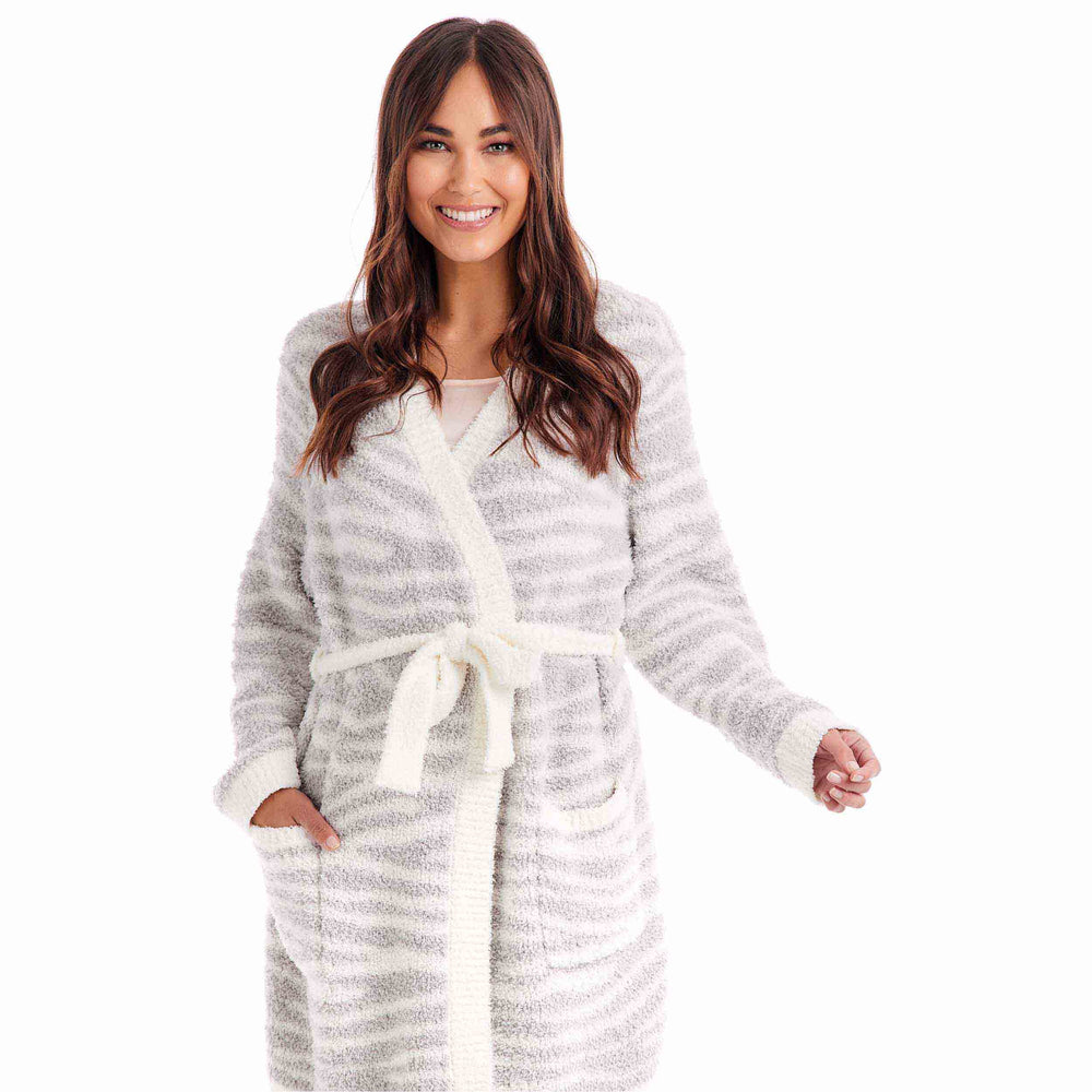 Grey Zebra Chenille Robe- One Size Fits All - Bloom and Petal