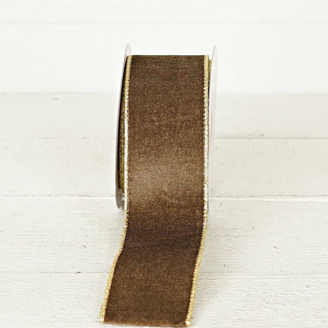 2.5inWx10Yard Wired Ribbon-Cappuccino Velvet/Gold