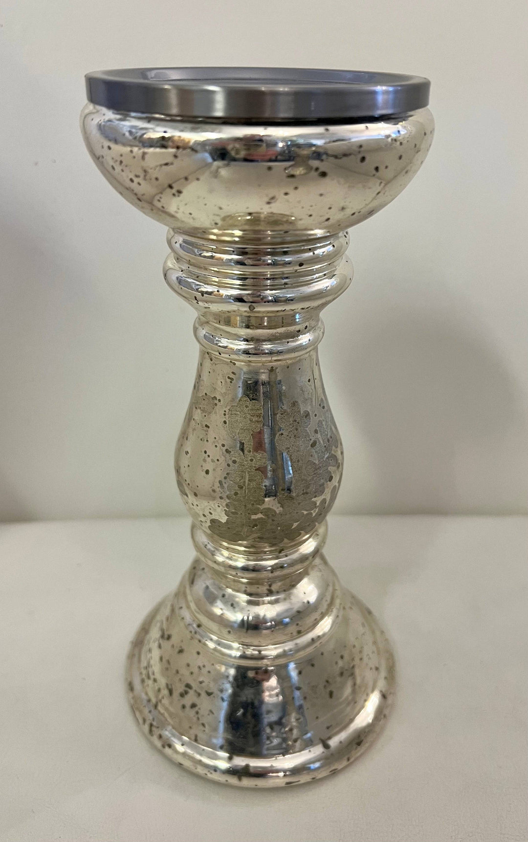 Mercury Glass Etched Pillar Holder