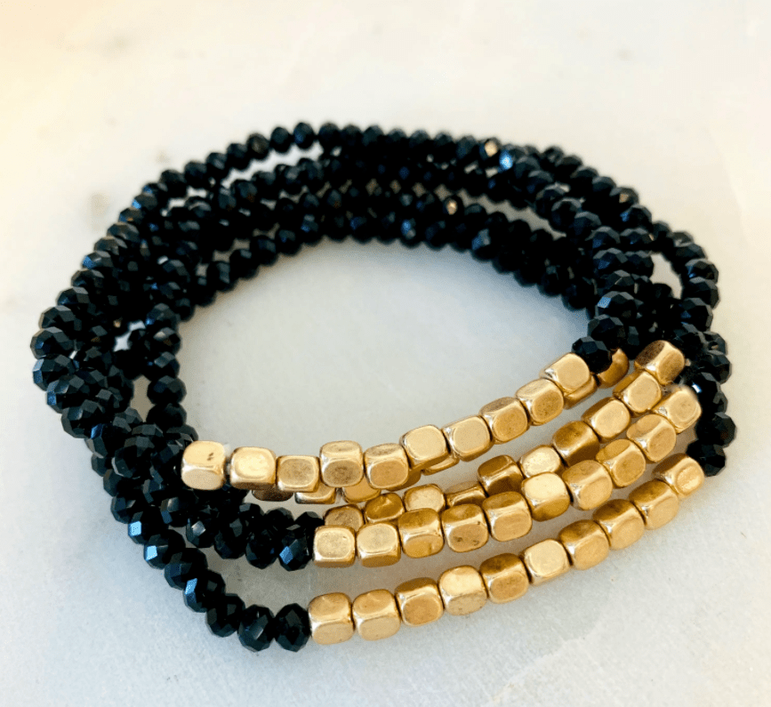 Five Strand Stone and Gold Bracelet Stack