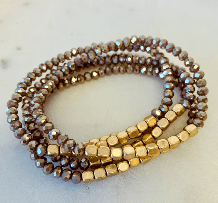 Five Strand Stone and Gold Bracelet Stack