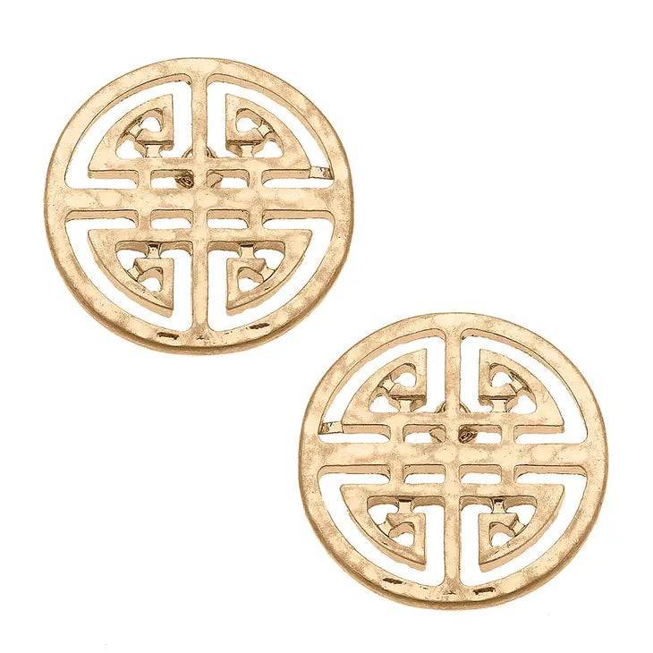 Aria Greek Keys Stud Earrings in Worn Gold