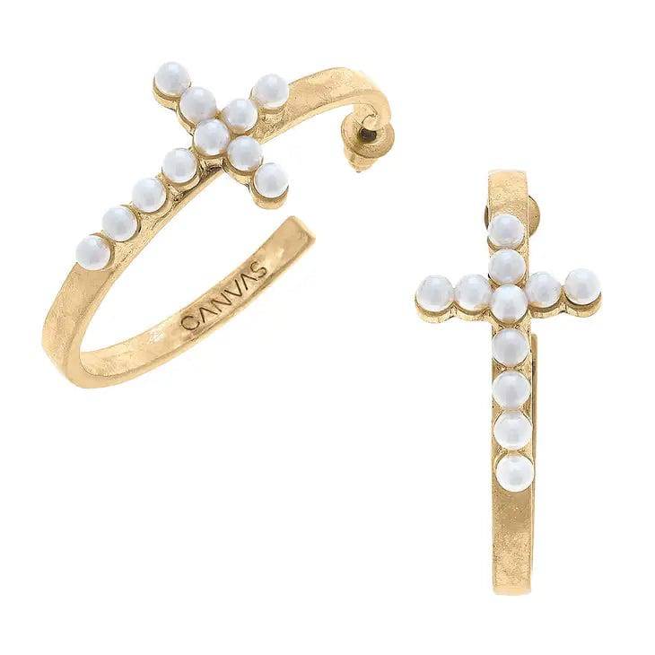 Hannah Pearl Cross Hoop Earrings in Worn Gold