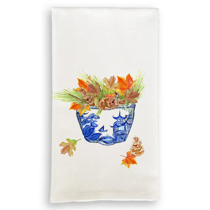 Blue & White Bowl with Fall Leaves Towel - Bloom and Petal