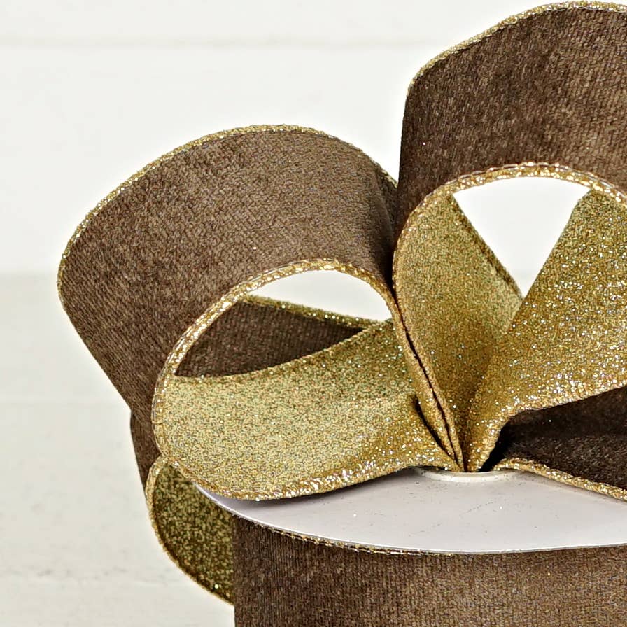 2.5inWx10Yard Wired Ribbon-Cappuccino Velvet/Gold