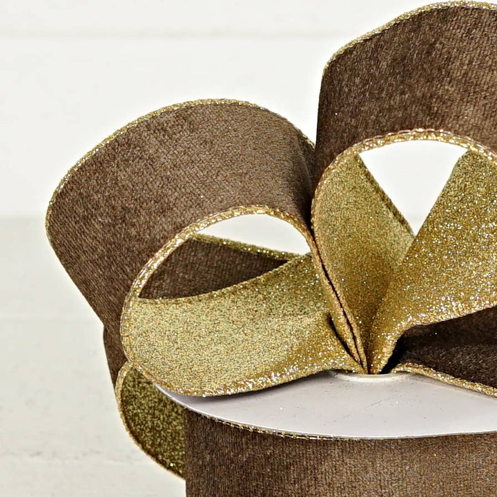 2.5inWx10Yard Wired Ribbon-Cappuccino Velvet/Gold