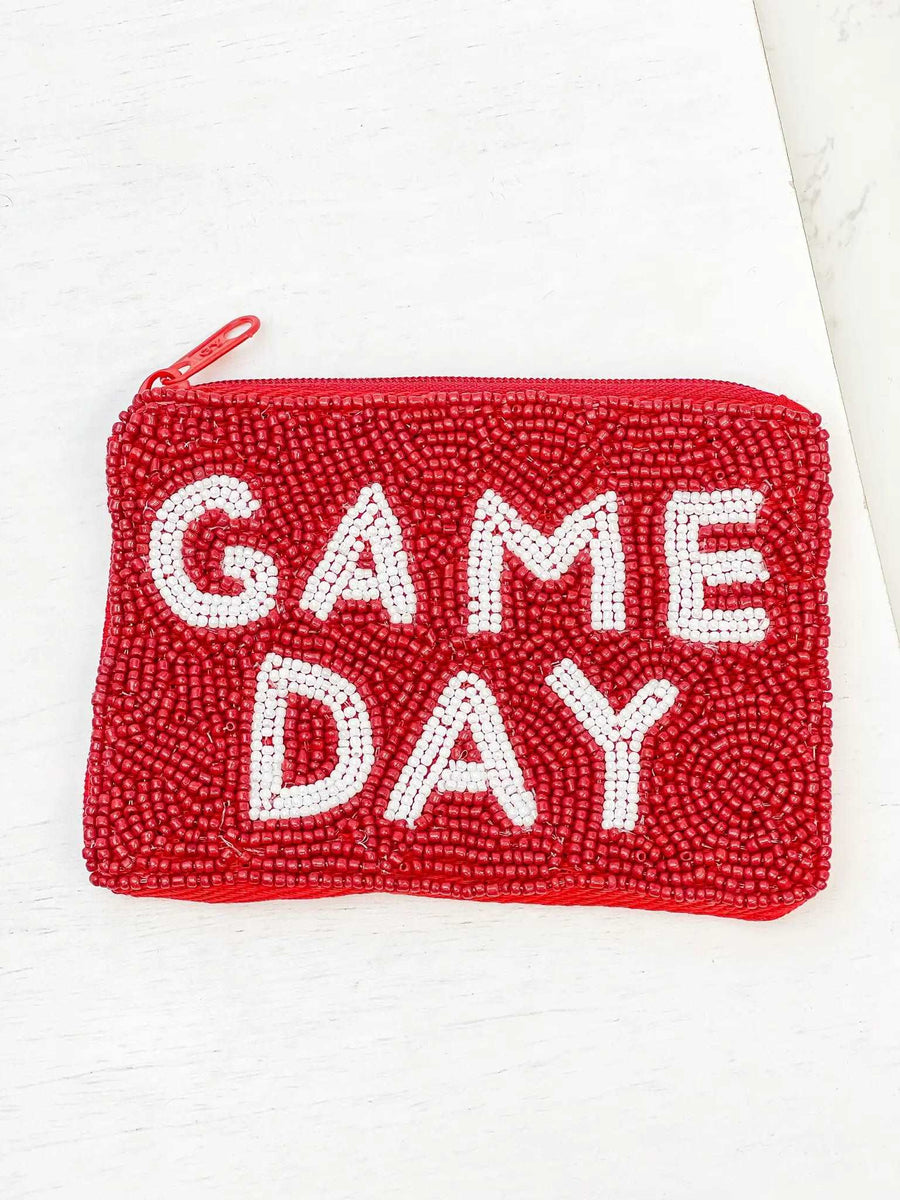 Game Day Beaded Zip Pouch- Red & White