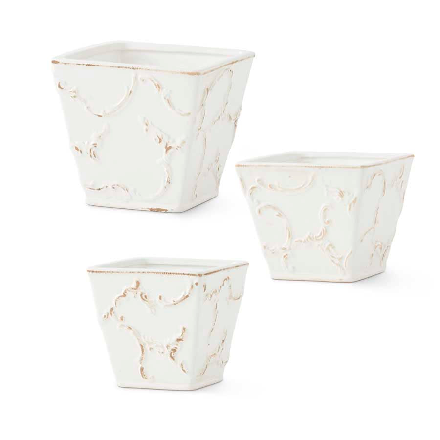 White Ceramic Scroll Embossed Square Pots - Bloom and Petal