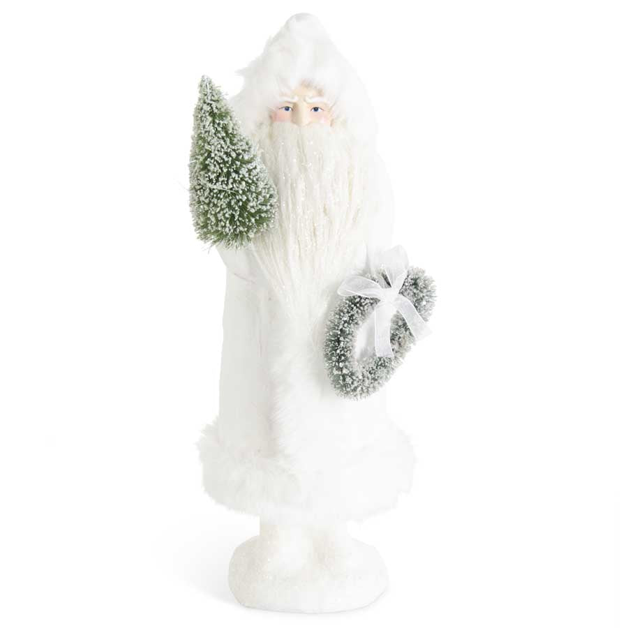 Glittered Cream Fur Trimmed Santa w/Wreath & Tree