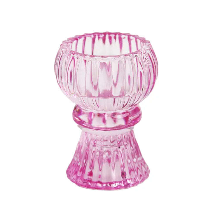Small Pink Glass Candlestick Holder - Bloom and Petal
