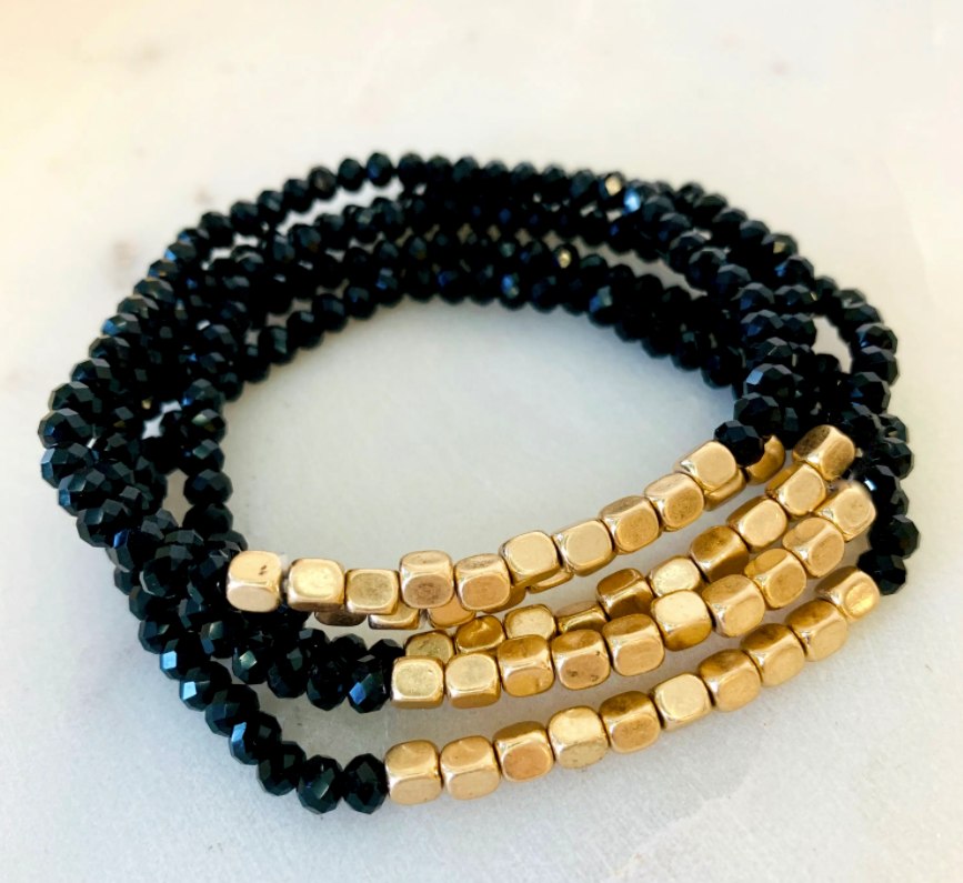 Five Strand Stone and Gold Bracelet Stack - Bloom and Petal