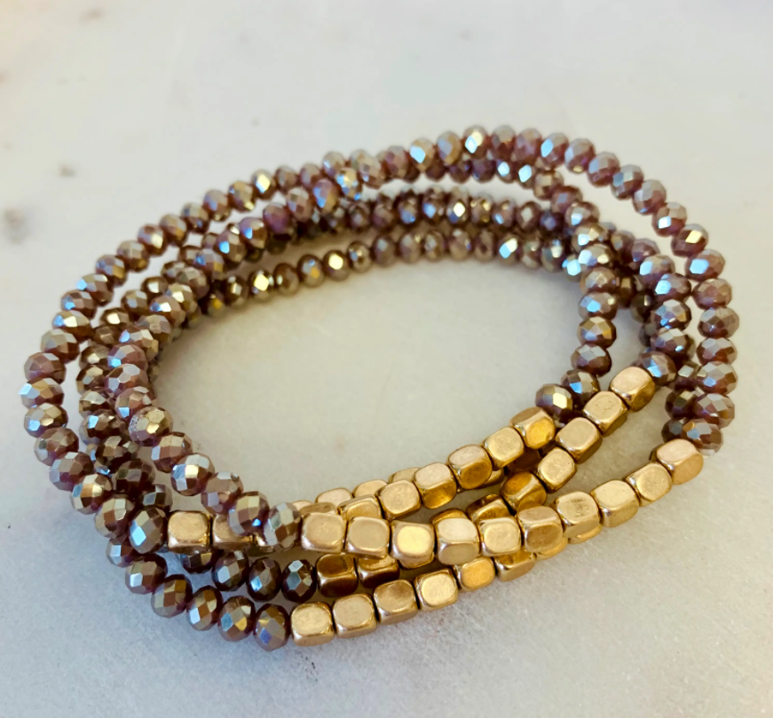 Five Strand Stone and Gold Bracelet Stack - Bloom and Petal