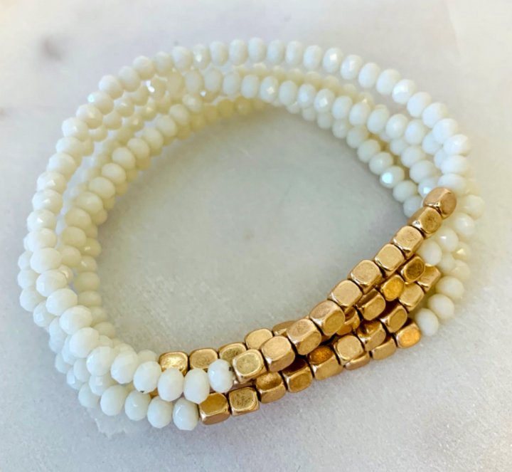 Five Strand Stone and Gold Bracelet Stack - Bloom and Petal