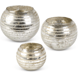 Bloom and Petal Silk Mercury Glass Round Vases With Etched Stripes