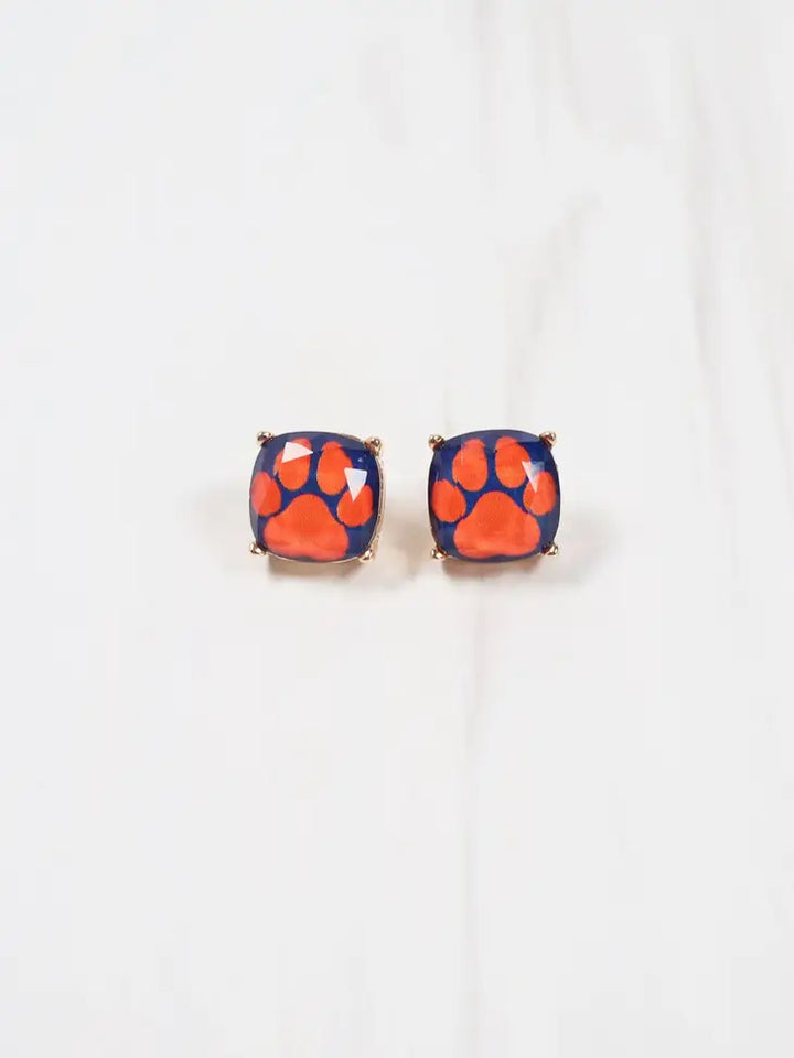 Paw Print Stud Earrings- Navy & Orange